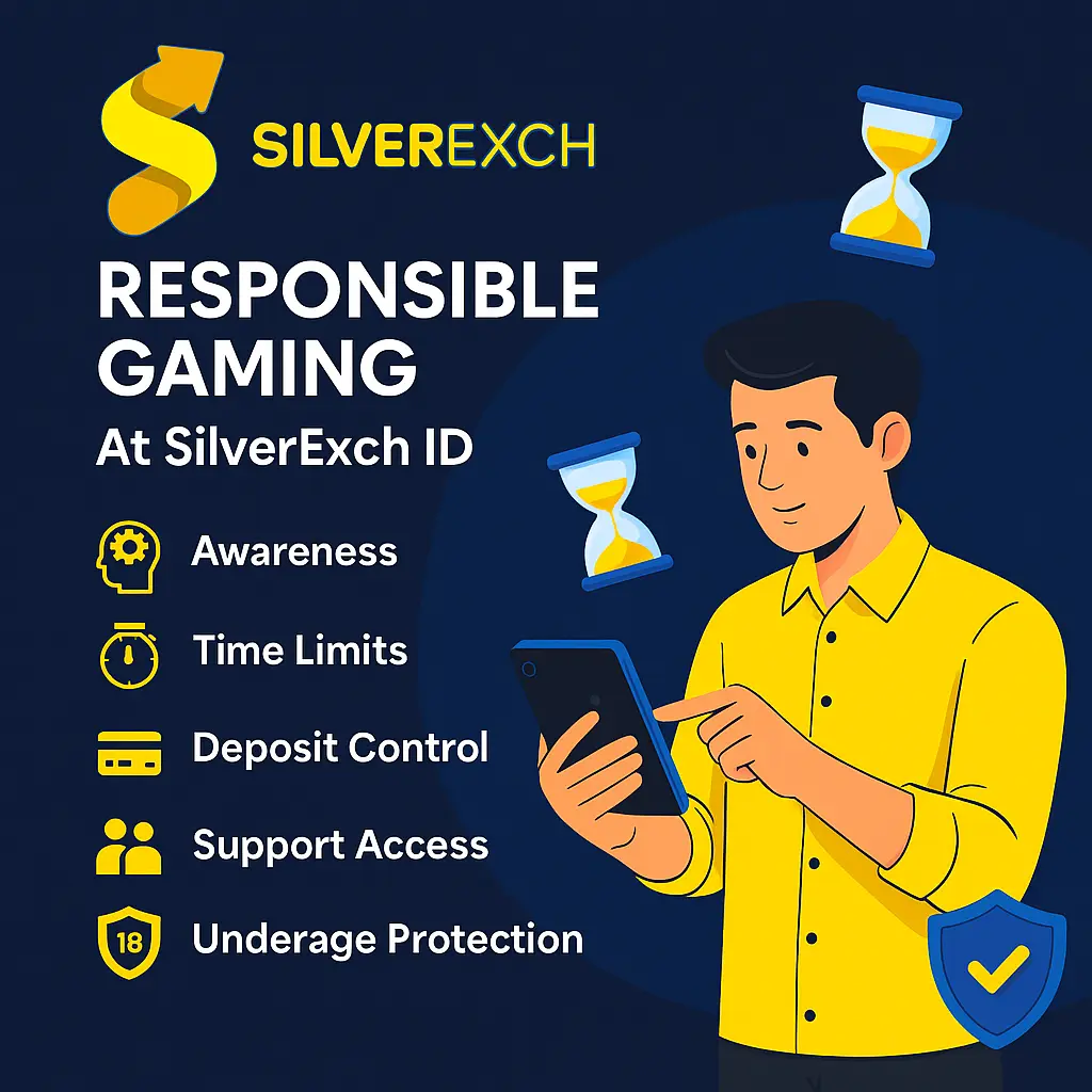 Responsible gaming visual showing player awareness, time control, and SilverExch ID safety features