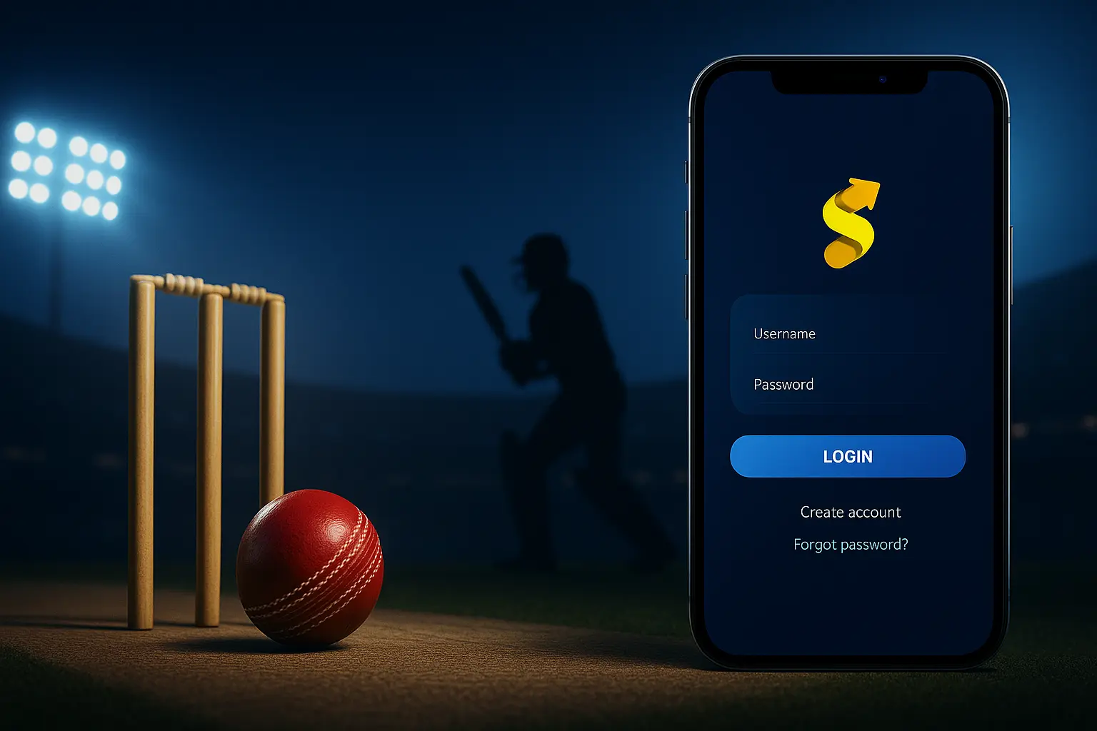 SilverExch about image showing cricket pitch on left and mobile app interface on right