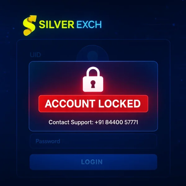 silverexch login issues showing account locked alert with red banner and support contact on the official SilverExch dashboard