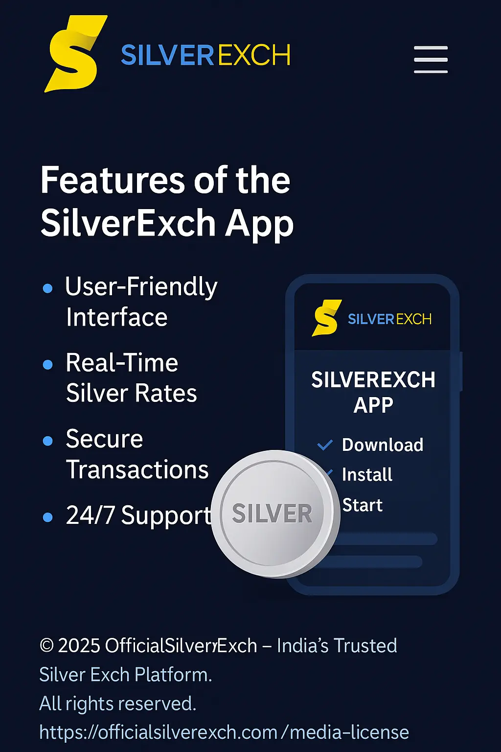 SilverExch app screenshot showing home and wallet features