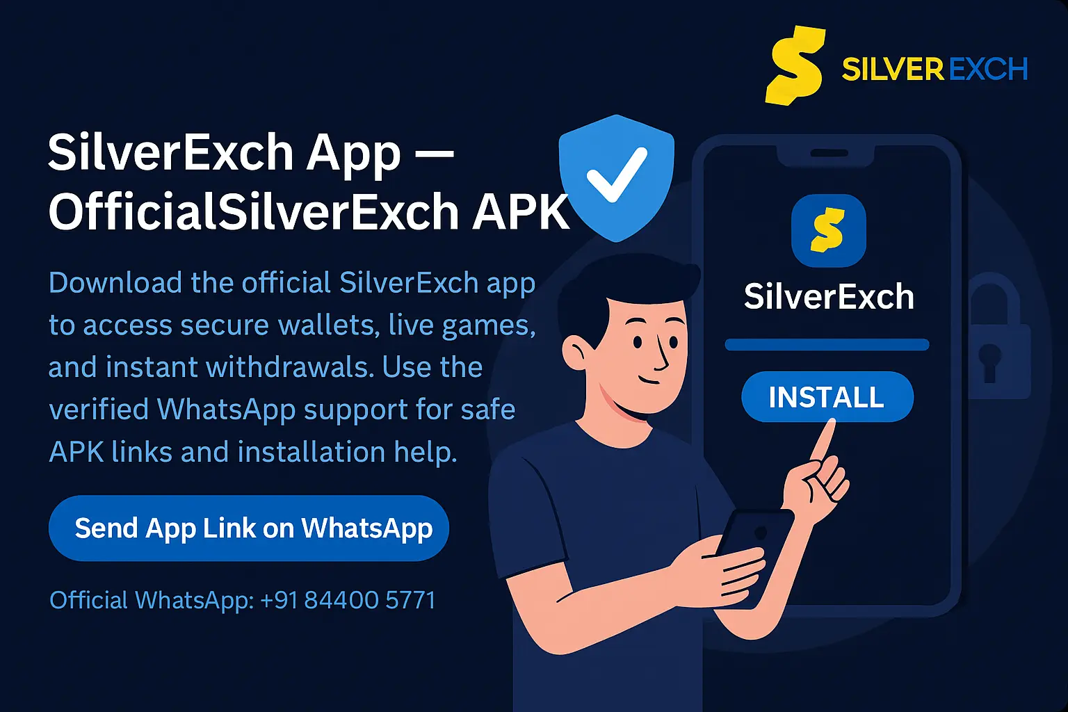 SilverExch App hero illustration showing app install and secure login