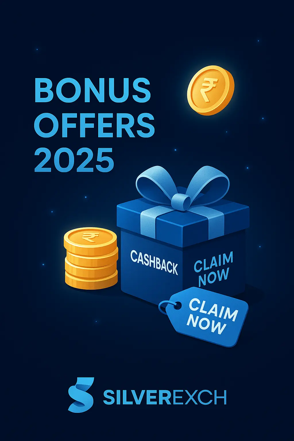 SilverExch offers graphic showing welcome, deposit match, cashback and referral rewards