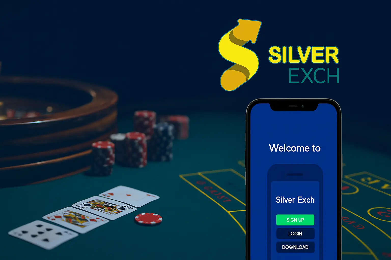 SilverExch app mobile mockup on the right and casino table on the left — official hero banner 2025