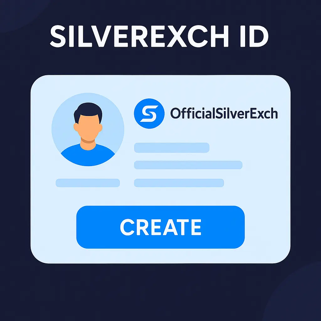 Official SilverExch ID sample showing verified account card layout with logo and create button