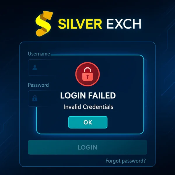 SilverExch login screen showing “Login Failed – Invalid Credentials” popup with lock icon on blue–silver dashboard theme.