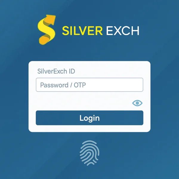Official SilverExch mobile app login 2025 showing secure OTP and fingerprint login screen with logo.