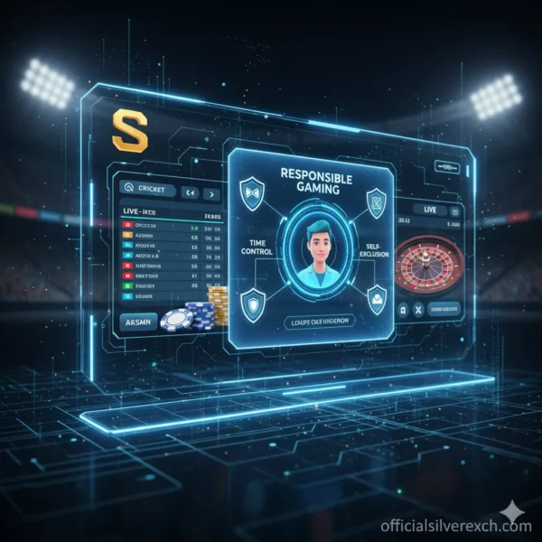 Responsible gaming dashboard showing SilverExch player using safe play tools with shield icons and betting interface in blue-silver theme.