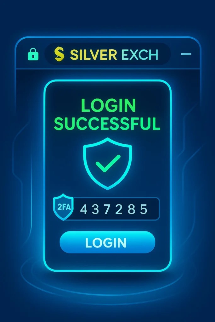 silverexch login issues prevention showing secure login success with 2FA verification and HTTPS padlock on official SilverExch dashboard.