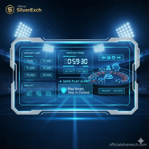 SilverExch responsible gaming transparency report illustration showing secure document, shield, and compliance chart in blue–silver theme.