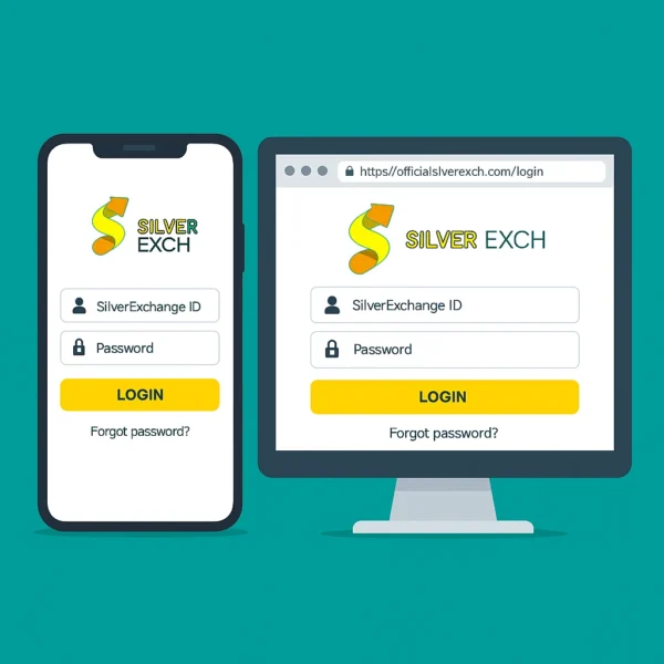 SilverExchange login screen showing mobile and desktop login interface for officialsilverexch.com
