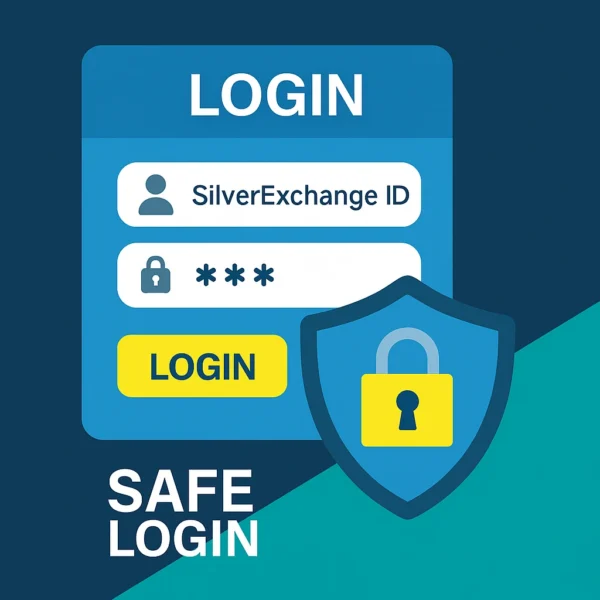 SilverExchange ID secure login safety illustration showing shield, padlock and verified browser URL on officialsilverexch.com