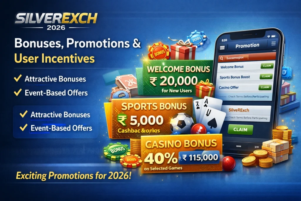 SilverExch 2026 bonuses and promotions image showing welcome bonus, sports bonus, casino offers, and user incentives