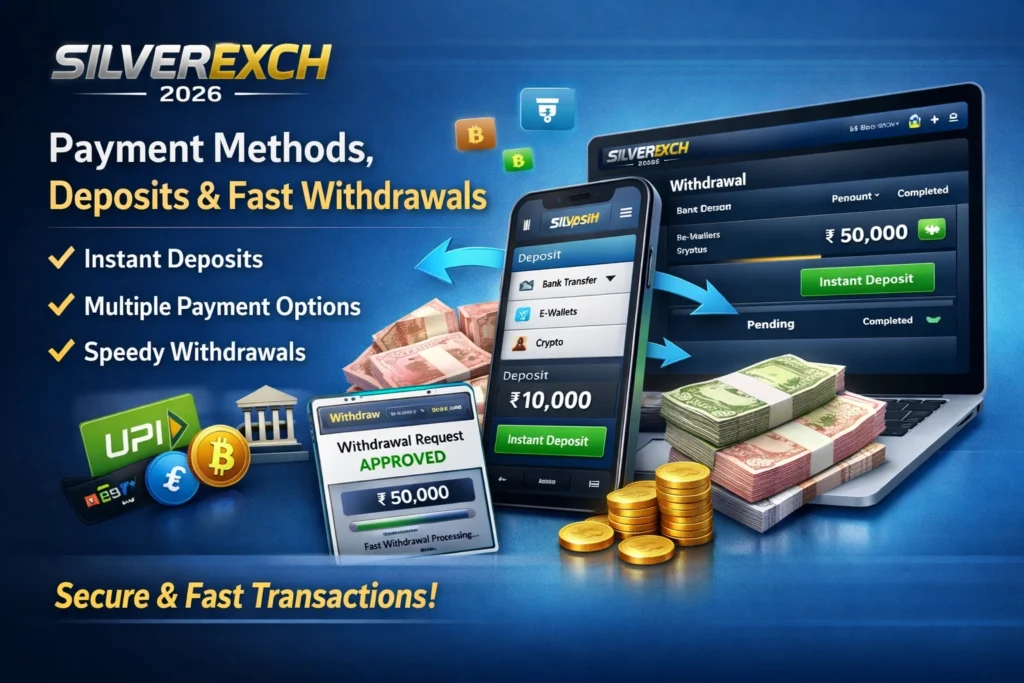 SilverExch 2026 payment methods interface showing instant deposits, multiple payment options, and fast withdrawals