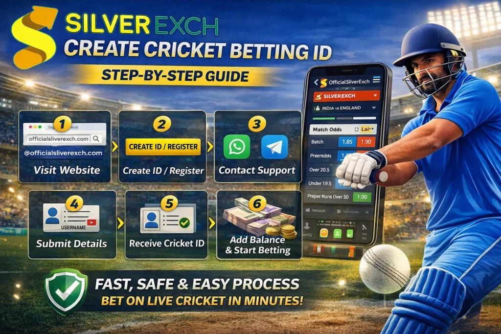 Step-by-step guide image showing how to create OfficialSilverExch cricket betting ID with live cricket betting app interface