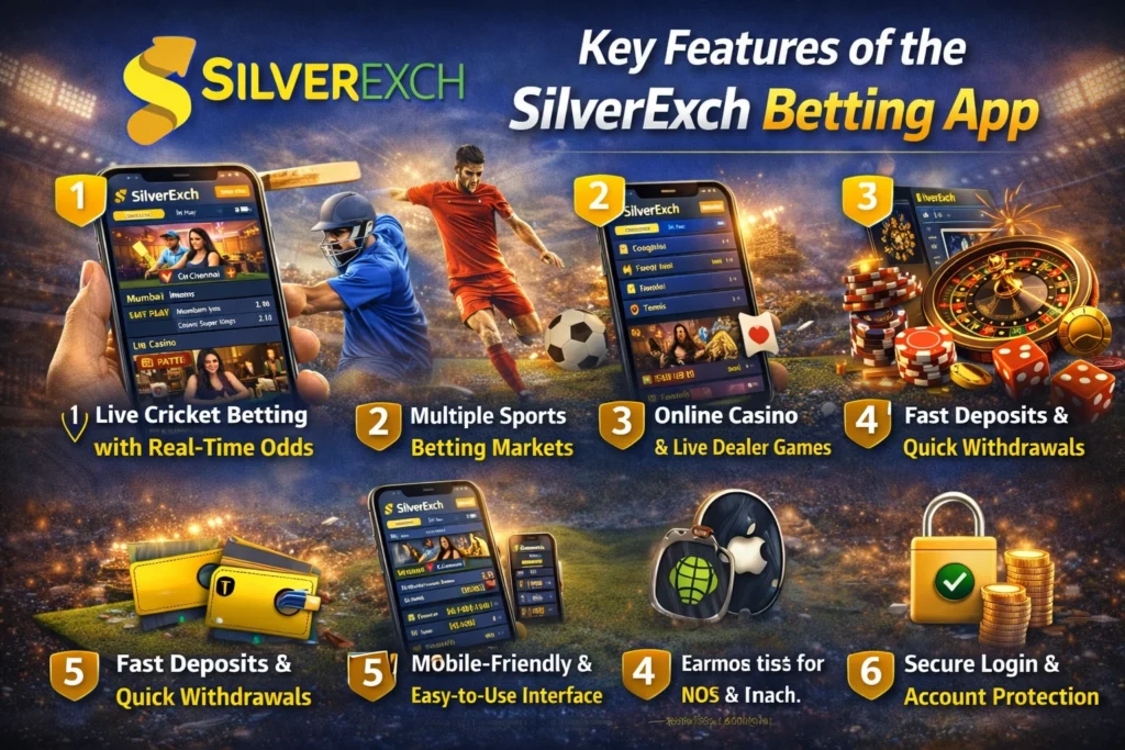 Key features of SilverExch online betting app including live cricket betting, sports markets, casino games, and fast withdrawals