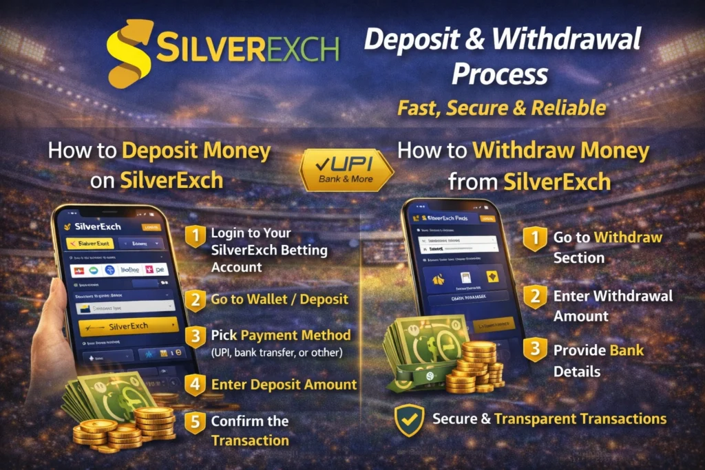SilverExch deposit and withdrawal process showing UPI payments, fast deposits, and quick withdrawals