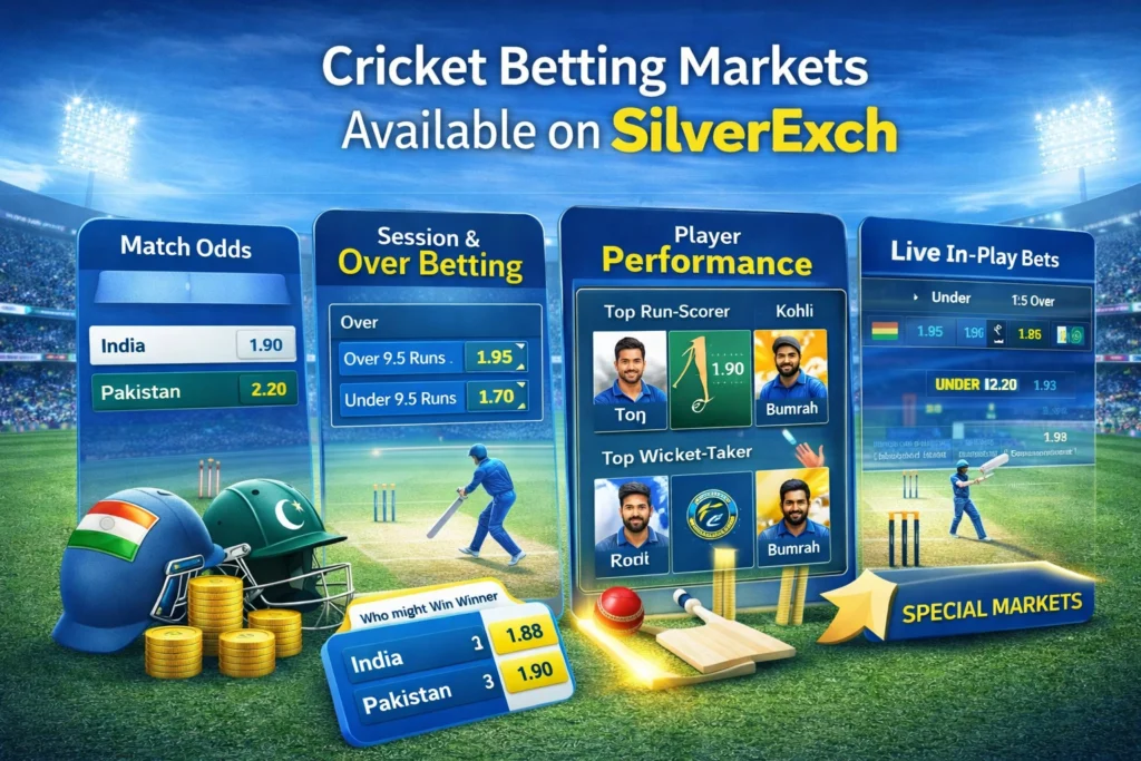 Cricket betting markets available on SilverExch including match odds, session betting, player performance, and live in-play cricket betting