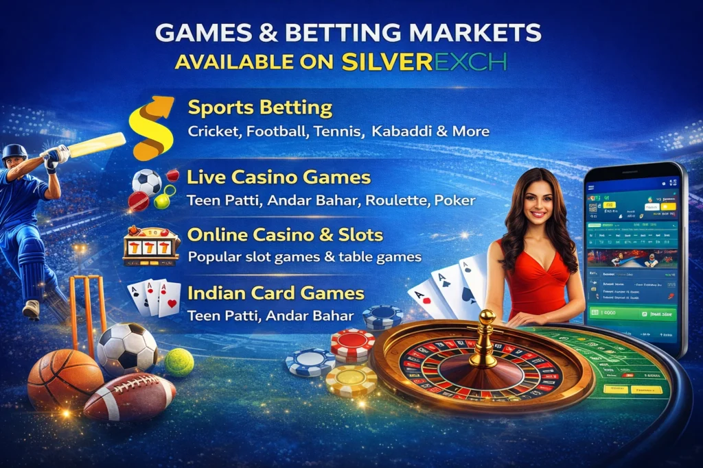 Games and betting markets on SilverExch including sports betting, live casino games, slots, and Indian card games
