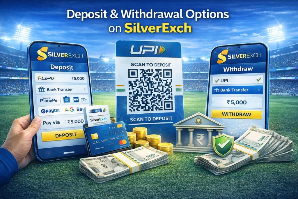 SilverExch deposit and withdrawal options showing UPI, bank transfer, and fast payout system for online cricket betting in India