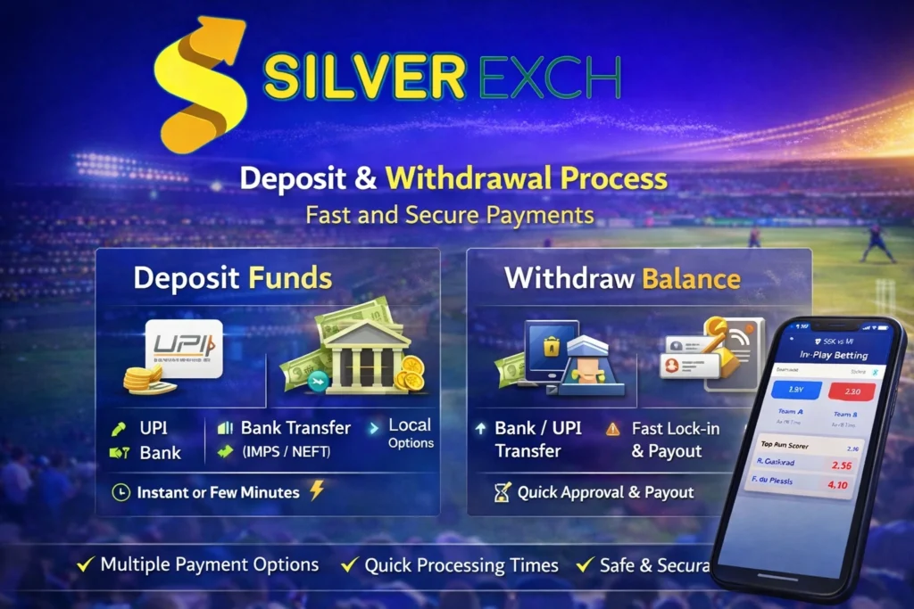 SilverExch deposit and withdrawal process showing UPI, bank transfer, and fast payout options for Indian users