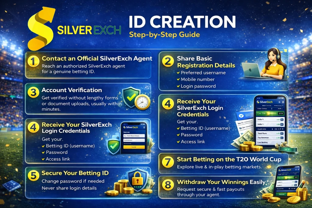 Step-by-step SilverExch ID creation process showing registration, verification, deposit, and betting on T20 World Cup