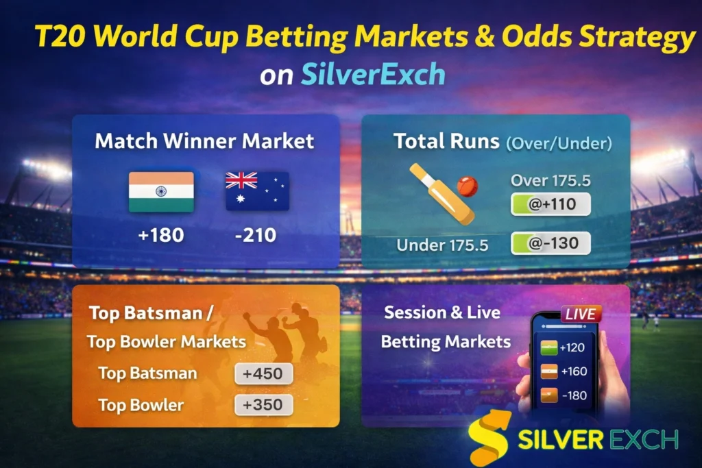 T20 World Cup betting markets and odds strategy on SilverExch including match winner, total runs, top batsman and live betting