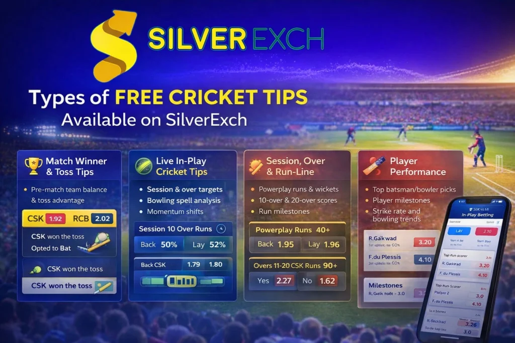 Types of free cricket tips on SilverExch including match winner, live in-play betting, session markets, and player performance tips