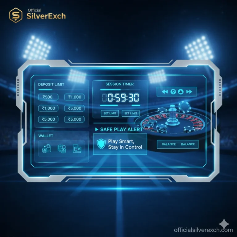 SilverExch responsible gaming transparency report illustration showing secure document, shield, and compliance chart in blue–silver theme.