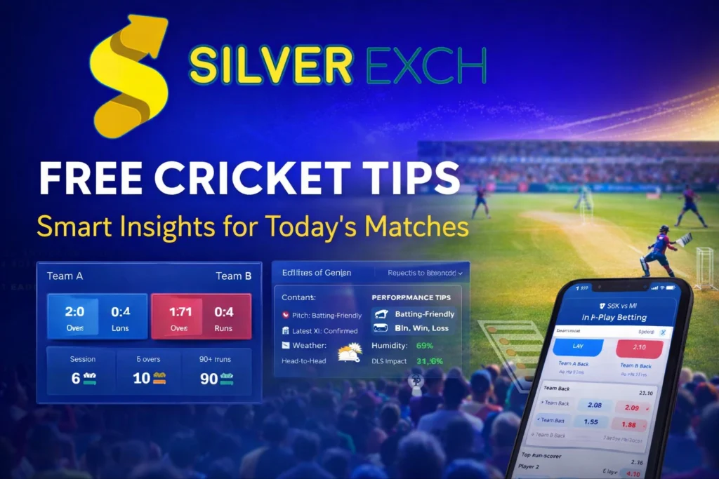 SilverExch free cricket tips banner showing live match betting, in-play odds, and expert cricket analysis for today’s matches in India