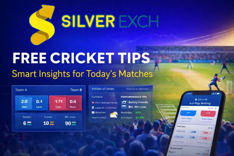 SilverExch free cricket tips banner showing live match betting, in-play odds, and expert cricket analysis for today’s matches in India