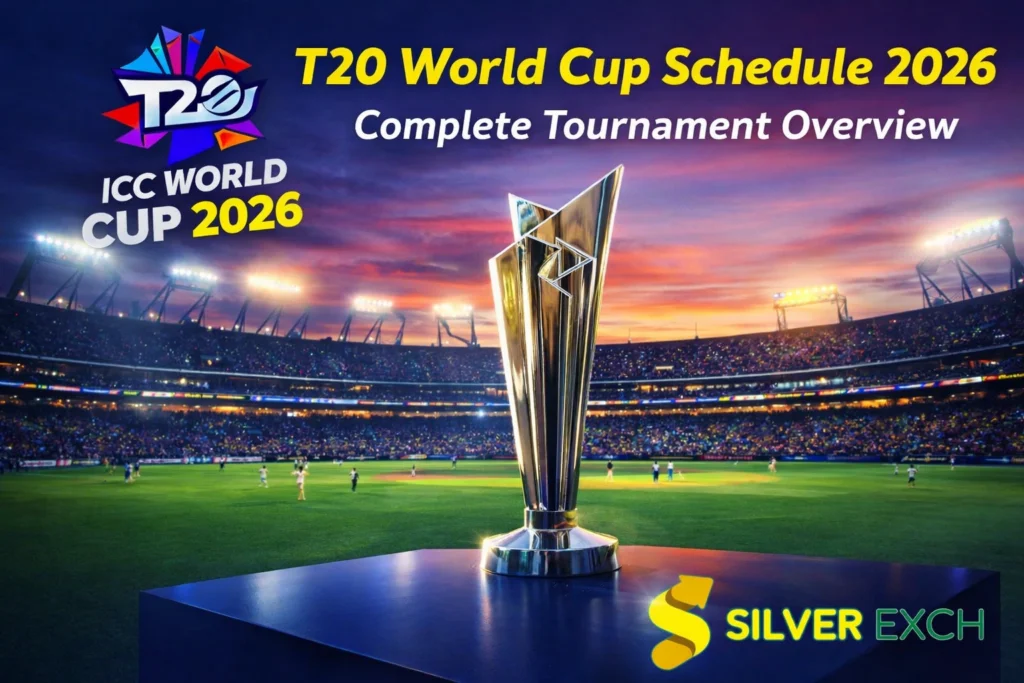 T20 World Cup 2026 schedule banner with ICC trophy in stadium and SilverExch branding